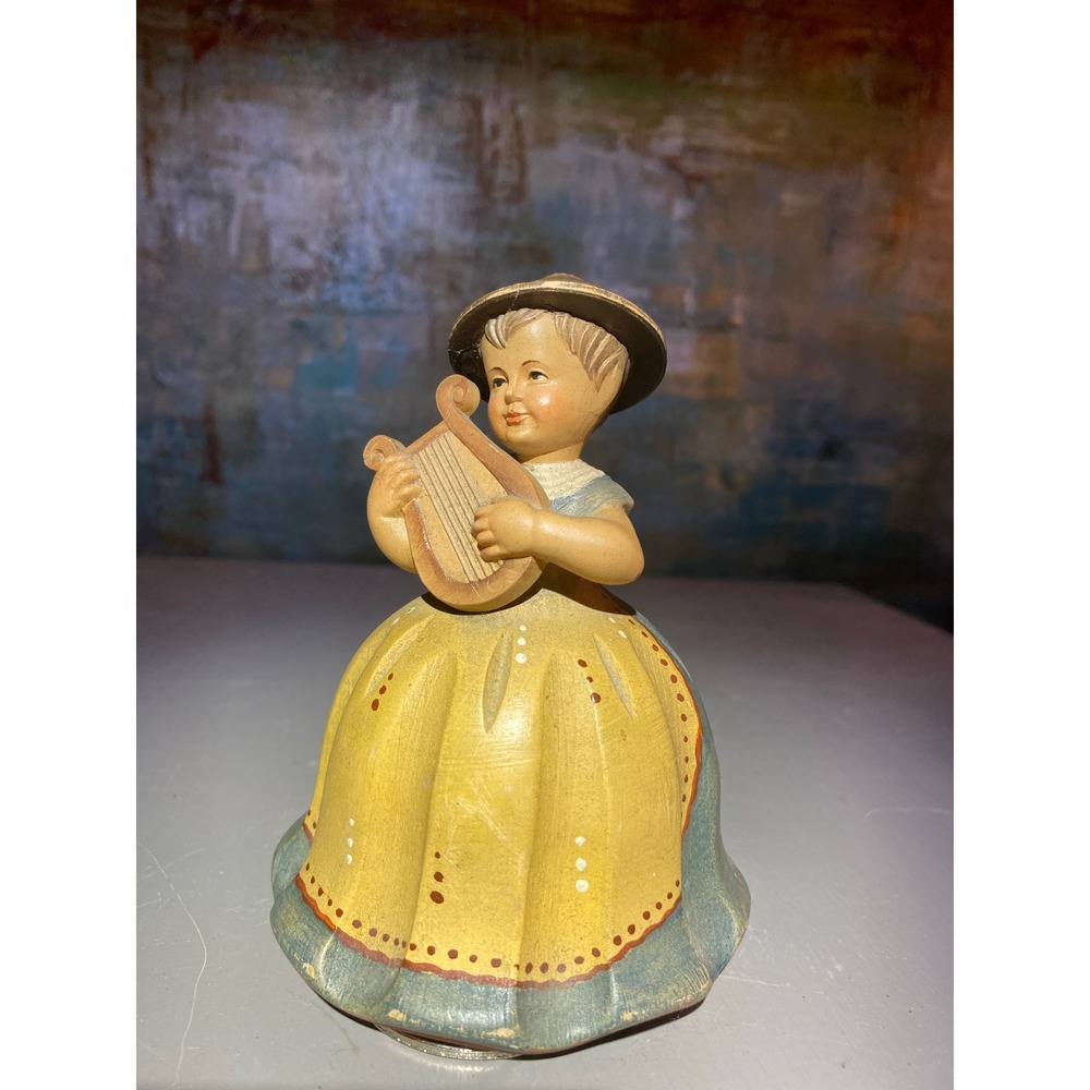 Vintage Anri Wood Carved Girl with Lyre Reuge Swiss Musical Movement Italy‎